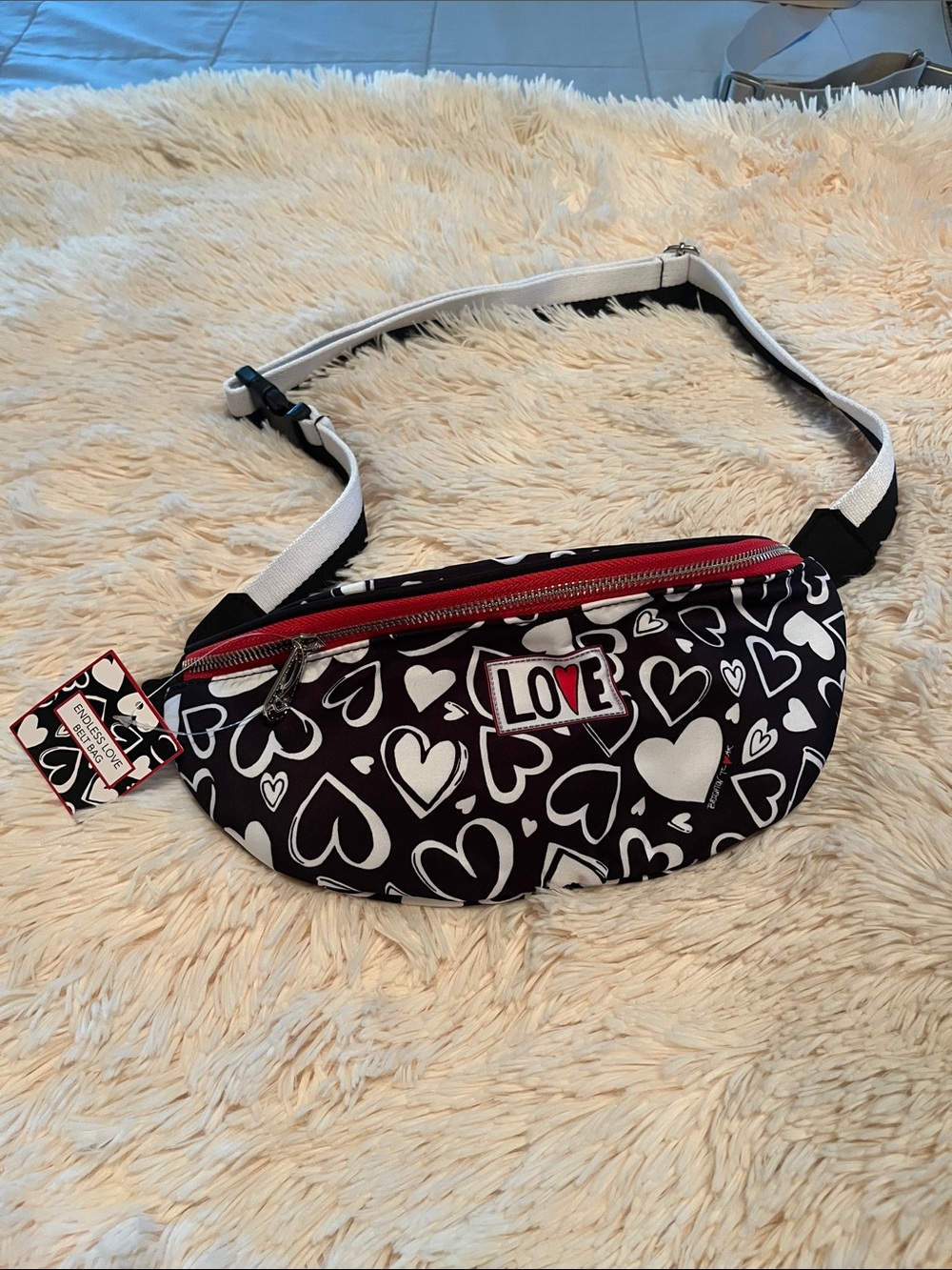 Brighton Black & White Heart Print Crossbody Belt Bag with Red Zip